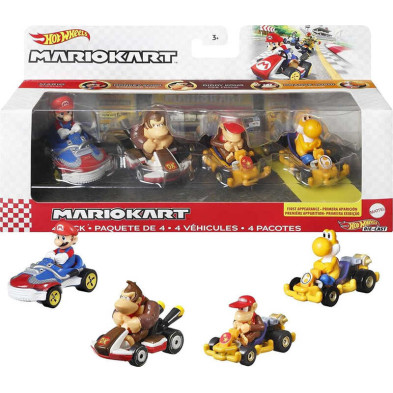 Caja 4 Coches Hot Wheels Personajes Surtidos Mario Kart